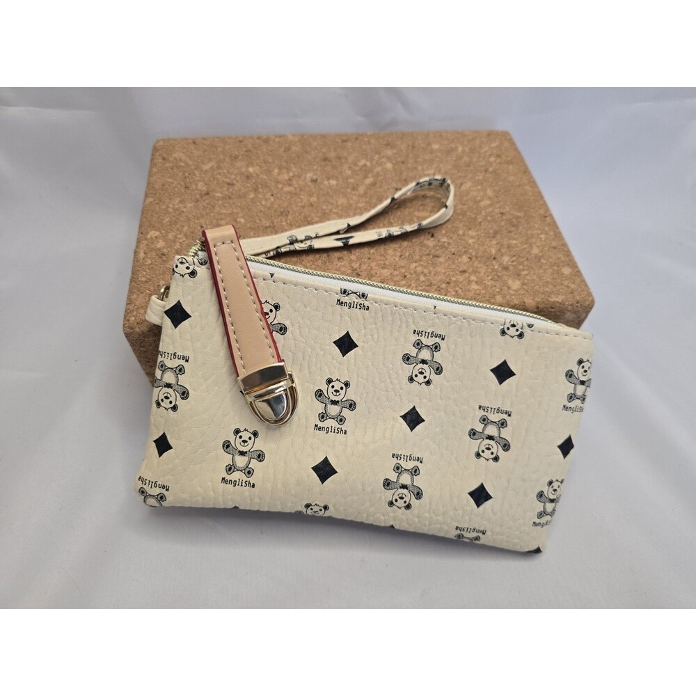 MengliSha Teddy Bear Wristlet Pouch Cream Faux Leather Coin Purse Clutch